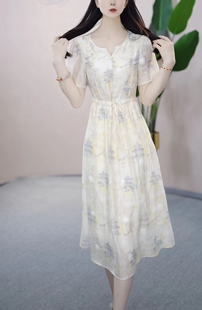 依橙定制女装连衣裙2025夏季新款时尚甜美显瘦收腰减龄中长款裙子