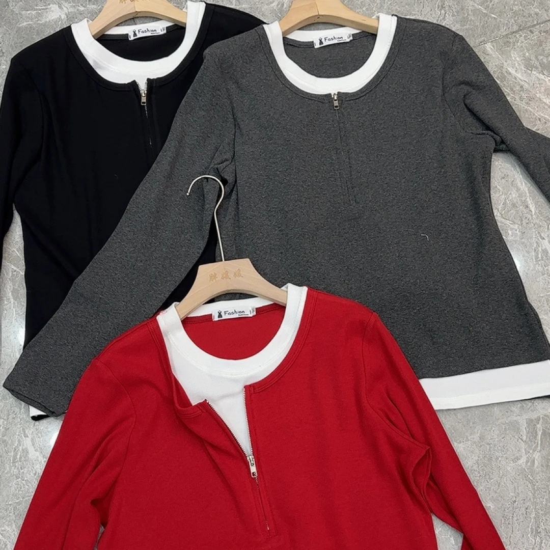 新年红色拉链半开领显瘦内搭上衣