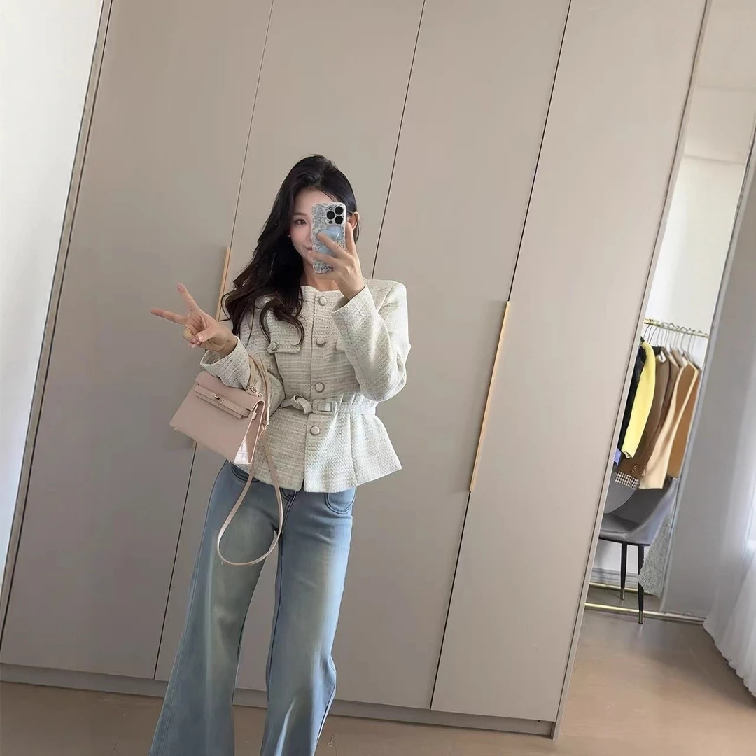 2025春秋香风欧美新款时尚腰带纹理外套气质休闲女装西装小香风
