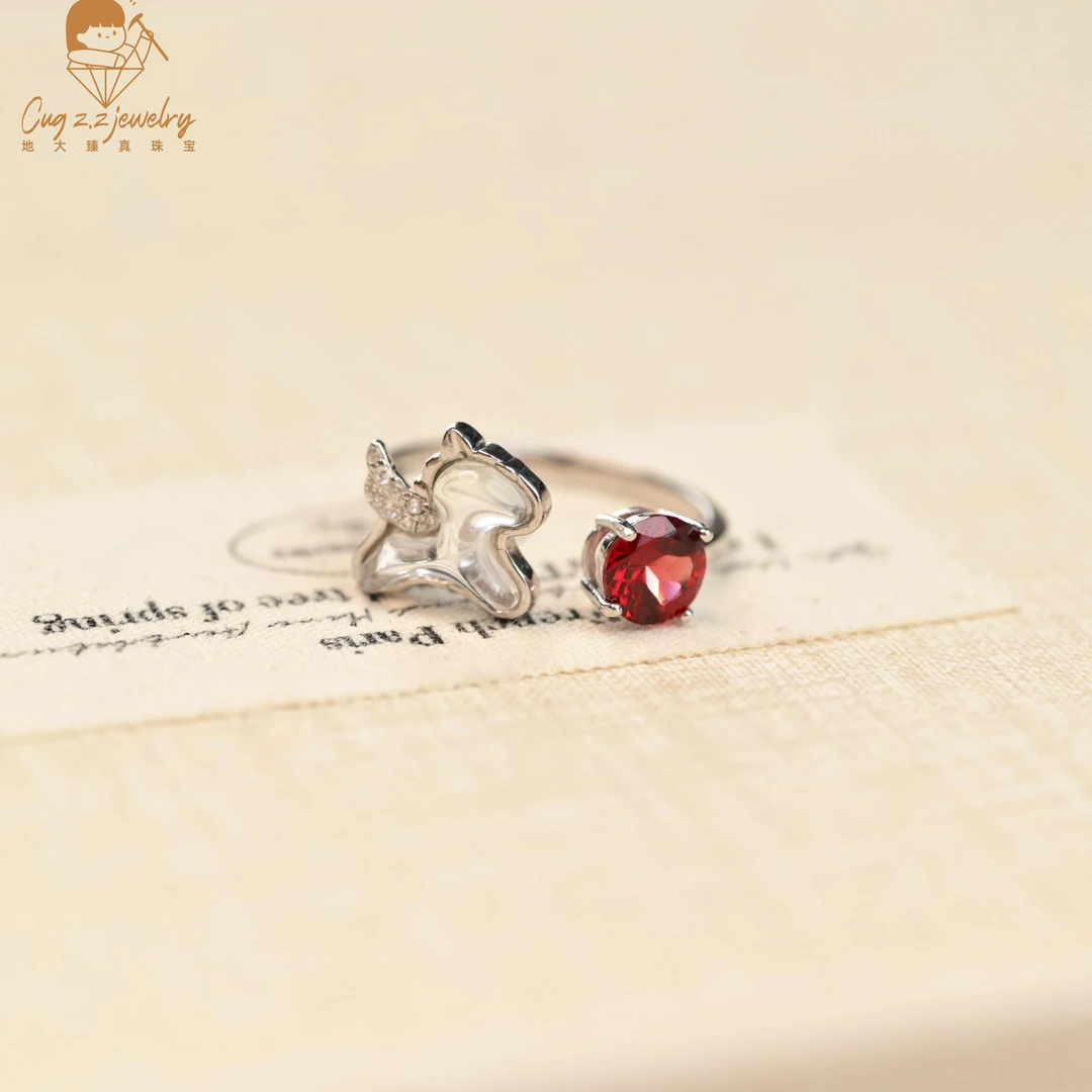 天然石榴石小马水晶戒指925银珠宝礼物