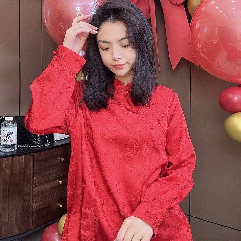 【美美国潮】新款新中式立领斜襟盘扣提花长袖上衣复古小衫7657