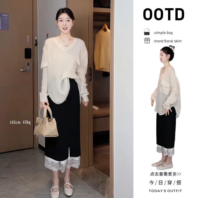 初春穿搭一整套2025新款宽松V领上衣高腰拼接蕾丝半身裙两件套女