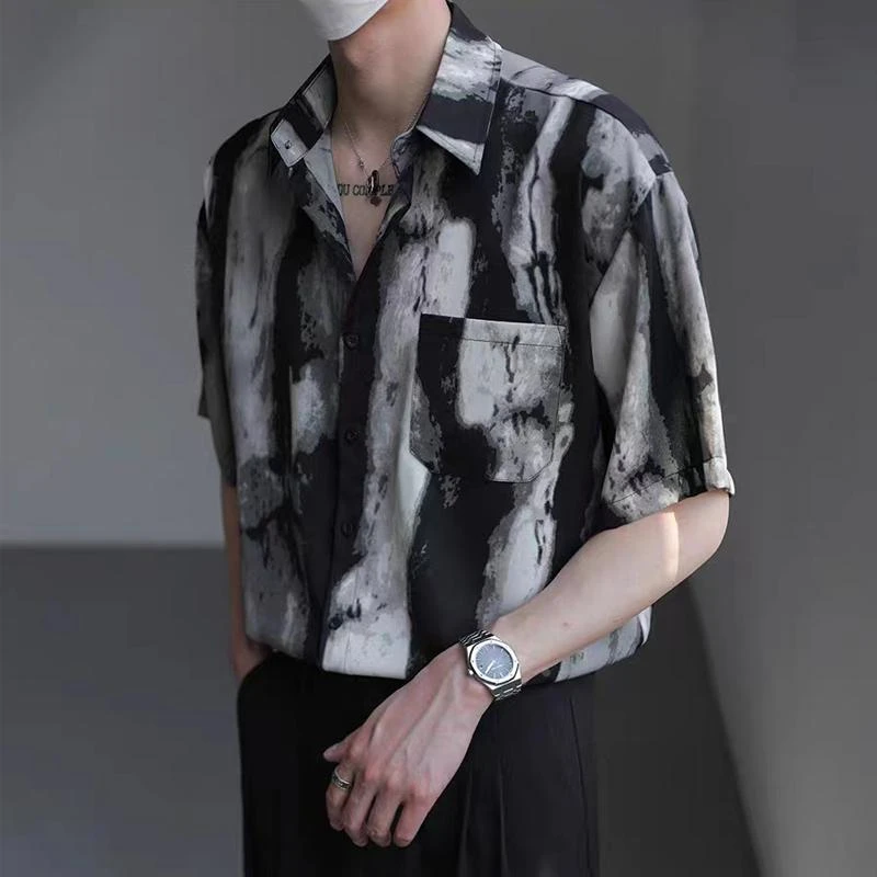 短袖冰丝水墨衬衫男薄款夏季宽松潮牌高级感潮流港风五分袖花衬衣