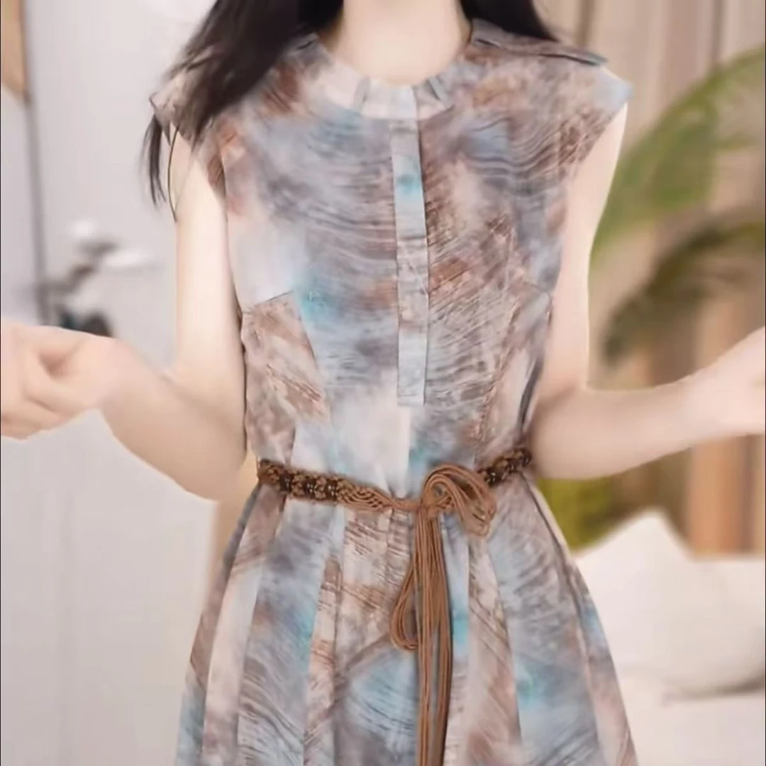 夏季圆领短袖印花高腰套头连衣裙气质国风复古显瘦C58