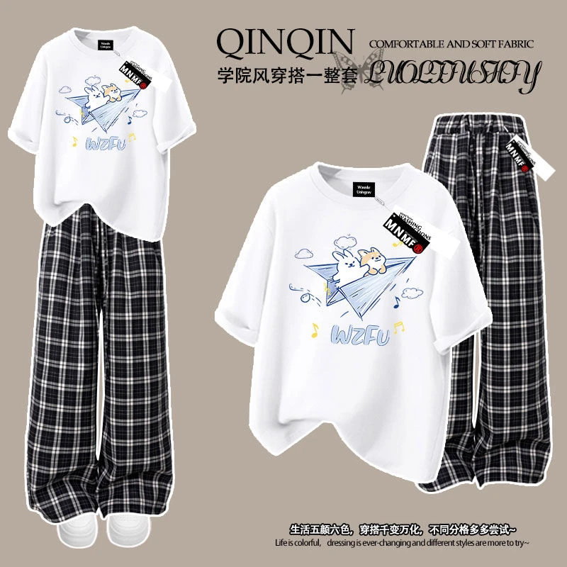 2025夏季新款时尚线条小狗印花女童t恤短袖长裤套装休闲格子裤ins