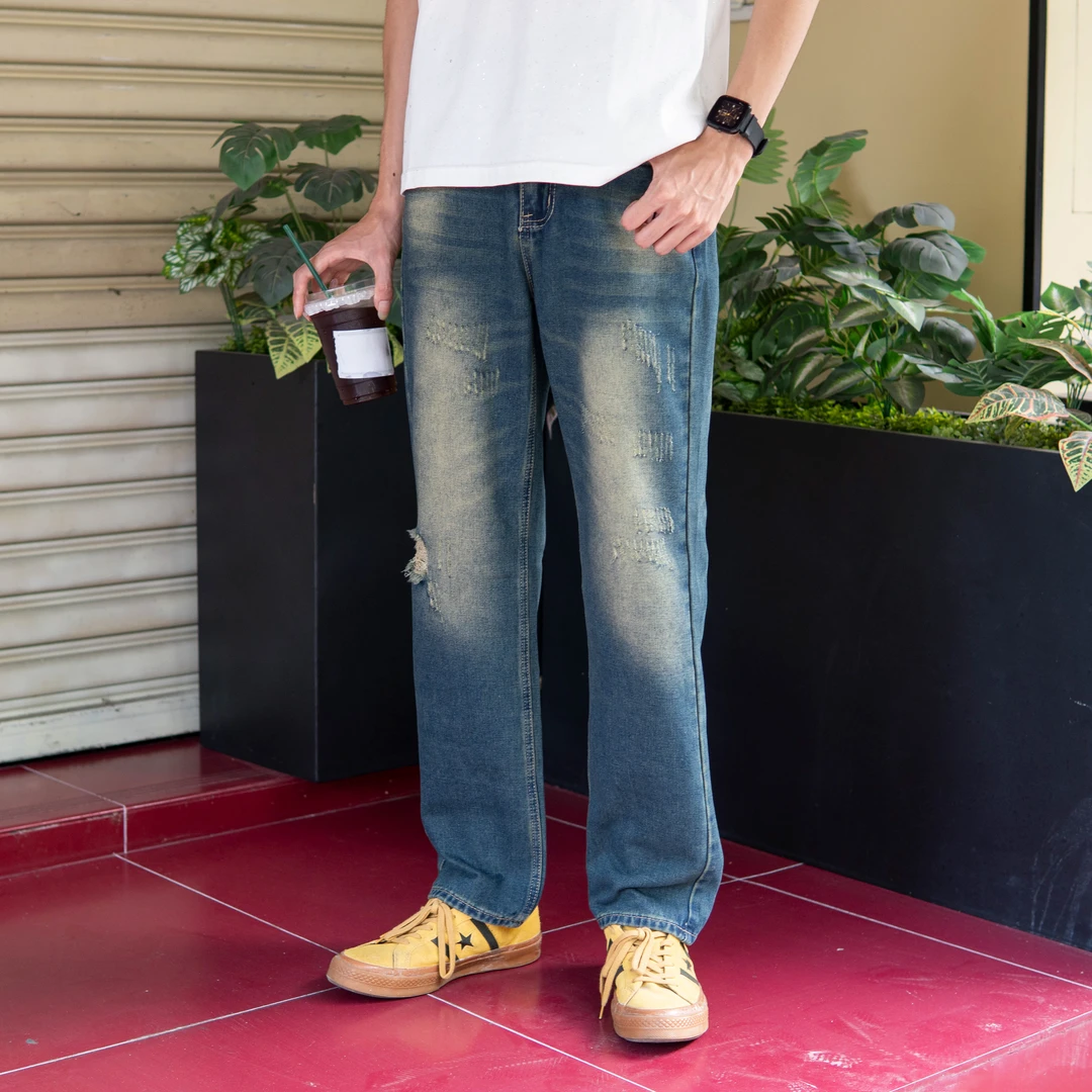 宽松直筒牛仔裤男破洞水洗牛仔风复古时尚夏季男士长裤设计师同款