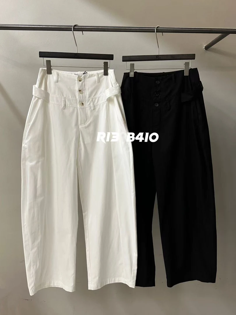 双腰头纽扣弯刀裤黑色33669