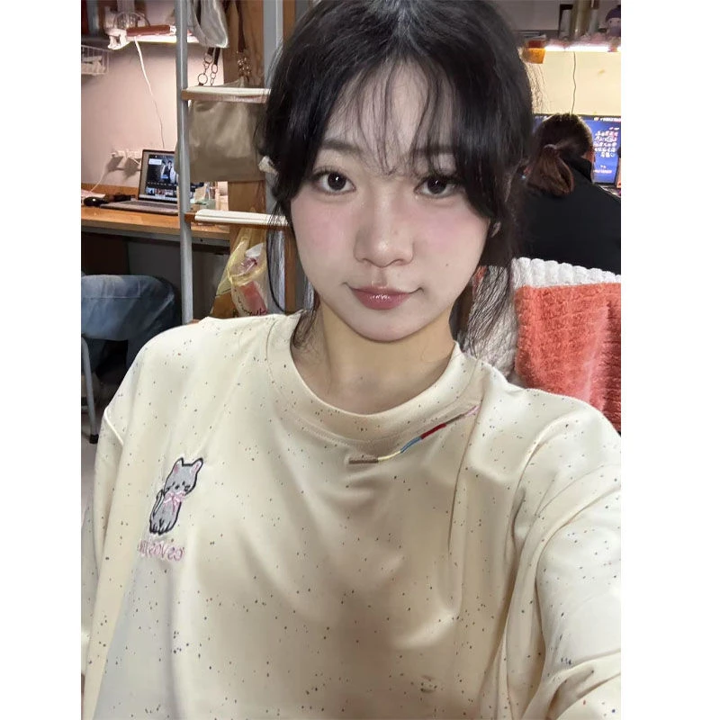 甜美可爱别致彩点小猫刺绣圆领短袖t恤女夏季ins风宽松百搭上衣服