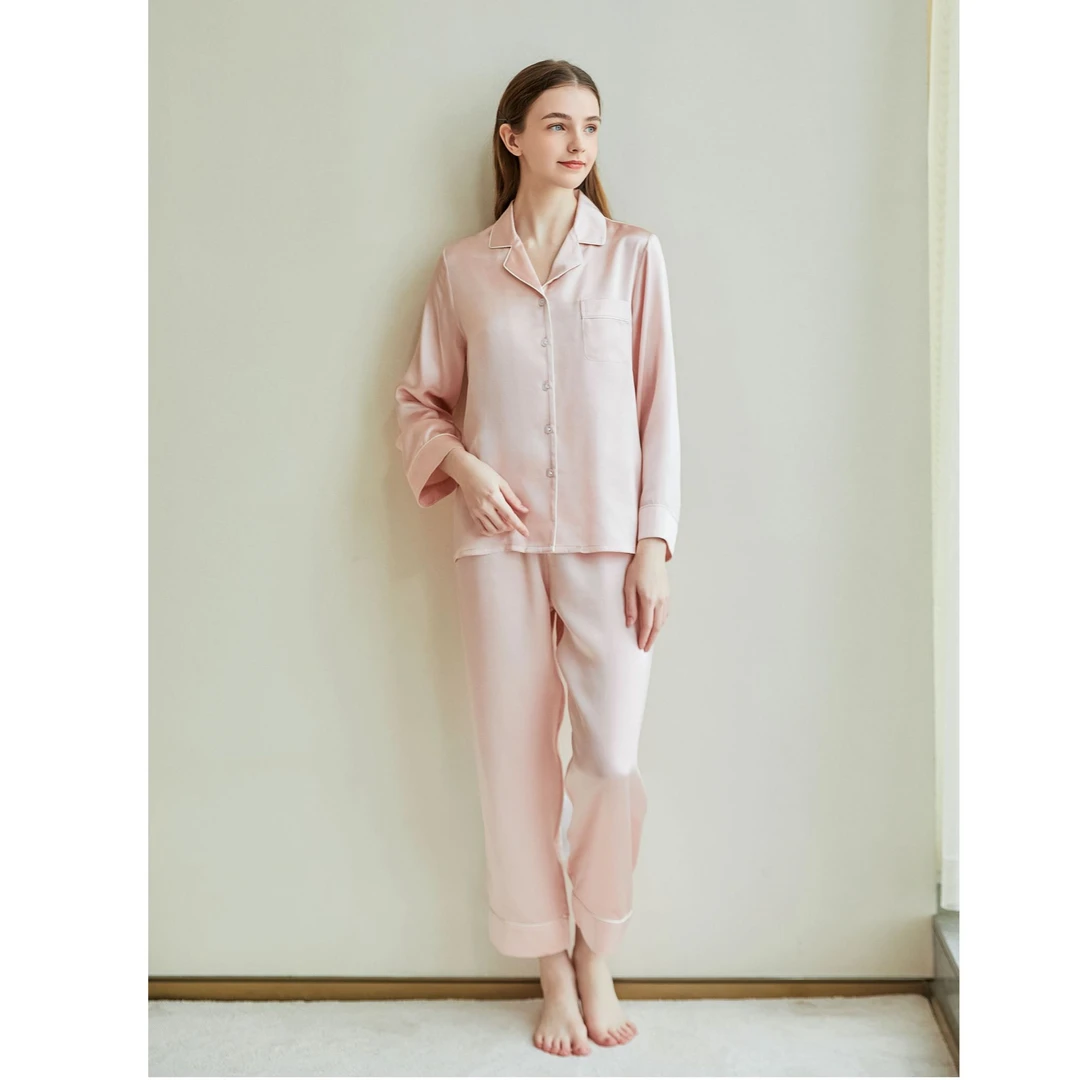 时尚简约100桑蚕丝长袖长裤套装情侣款女款真丝睡衣家居服可外穿