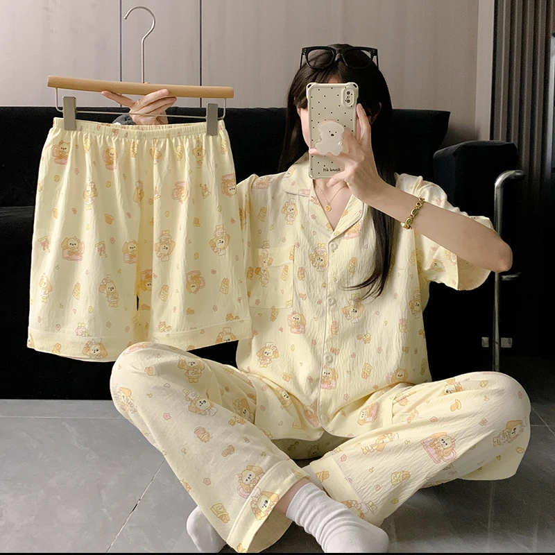 日系甜美卡通可爱睡衣女学生夏季三件套装短袖短裤2025新款家居服