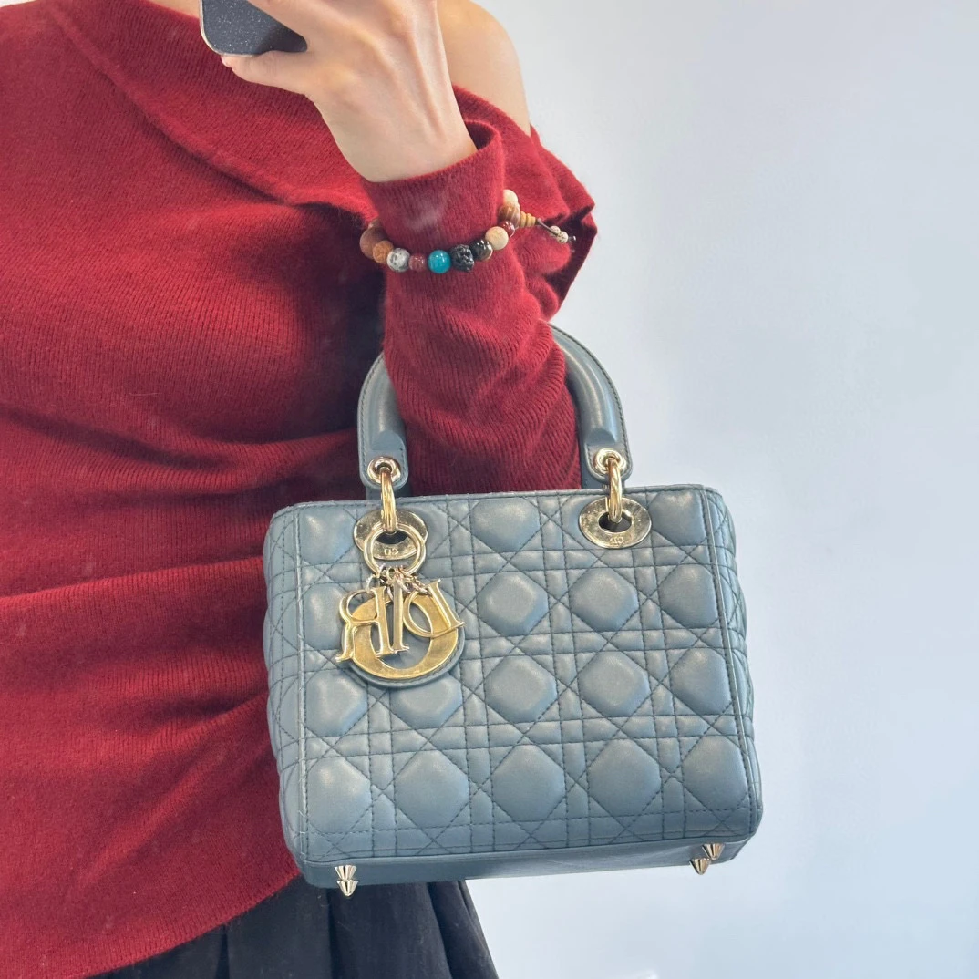 95新 DIOR/迪奥 dior雾霾蓝四格戴妃手提斜挎包