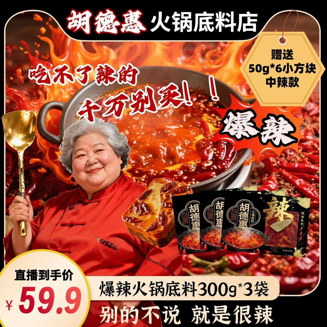 【胡德惠】爆辣牛油老火锅底料(300g*3袋爆辣款）赠送50g*6小方块
