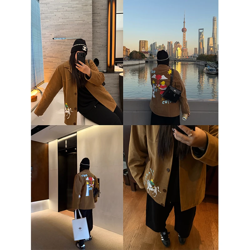 铅笔小新大码女装  柔感麂皮绒卡通印花复古夹棉休闲外套