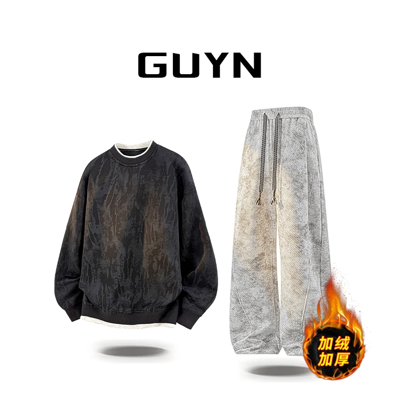 【品牌正品现货】GUYN印花卫衣男加绒加厚保暖冬季新款潮流休闲上衣