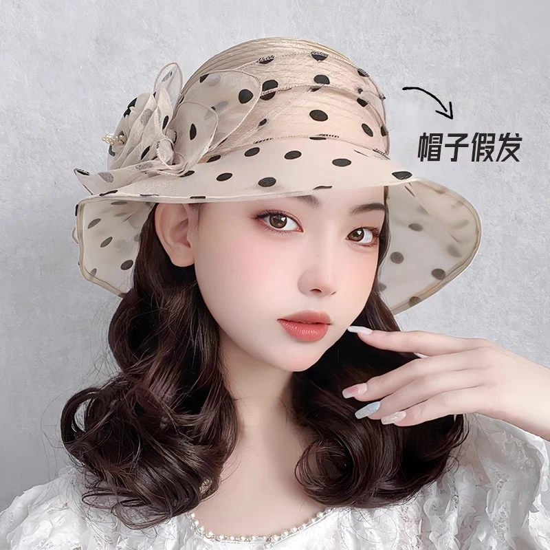 假发帽子一体春夏款波点渔夫帽卷发一体时尚百搭防晒假发帽子一体