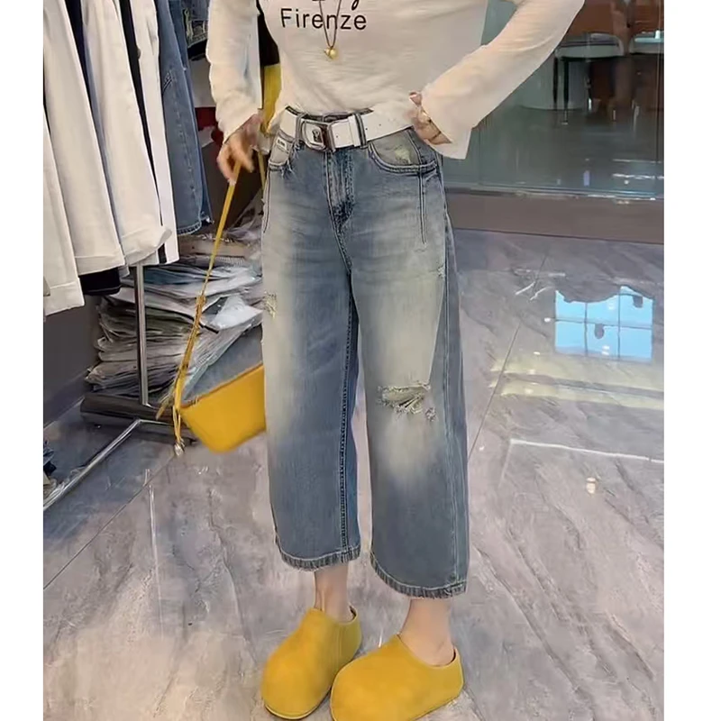 高腰破洞牛仔裤女2025夏季新款大码洋气百搭八分薄款直筒阔腿裤子