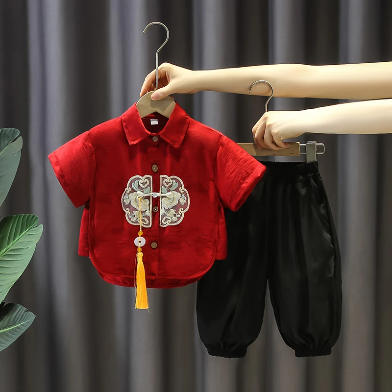 汉服男童夏季薄款短袖套装儿童国风唐装宝宝夏装新中式洋气表演服