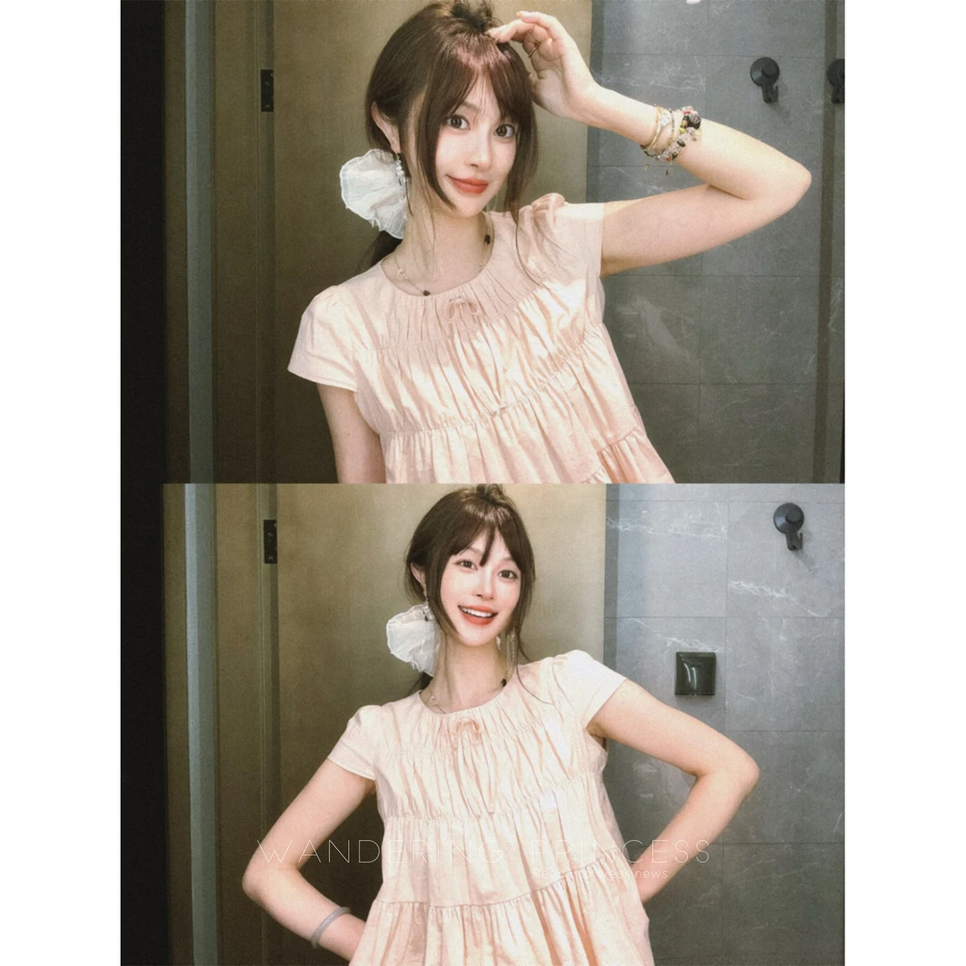 钱美西 三色 四层重工压褶飞飞袖显瘦娃娃衫多巴胺服装夏上衣女