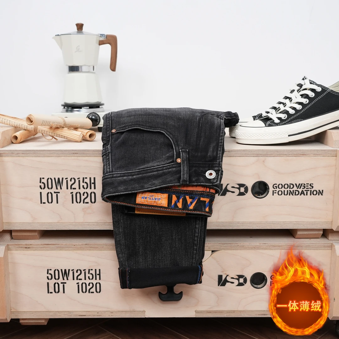 秋冬抓绒牛仔裤男款黑灰色微弹修身小直筒舒适薄绒男裤子高端男装