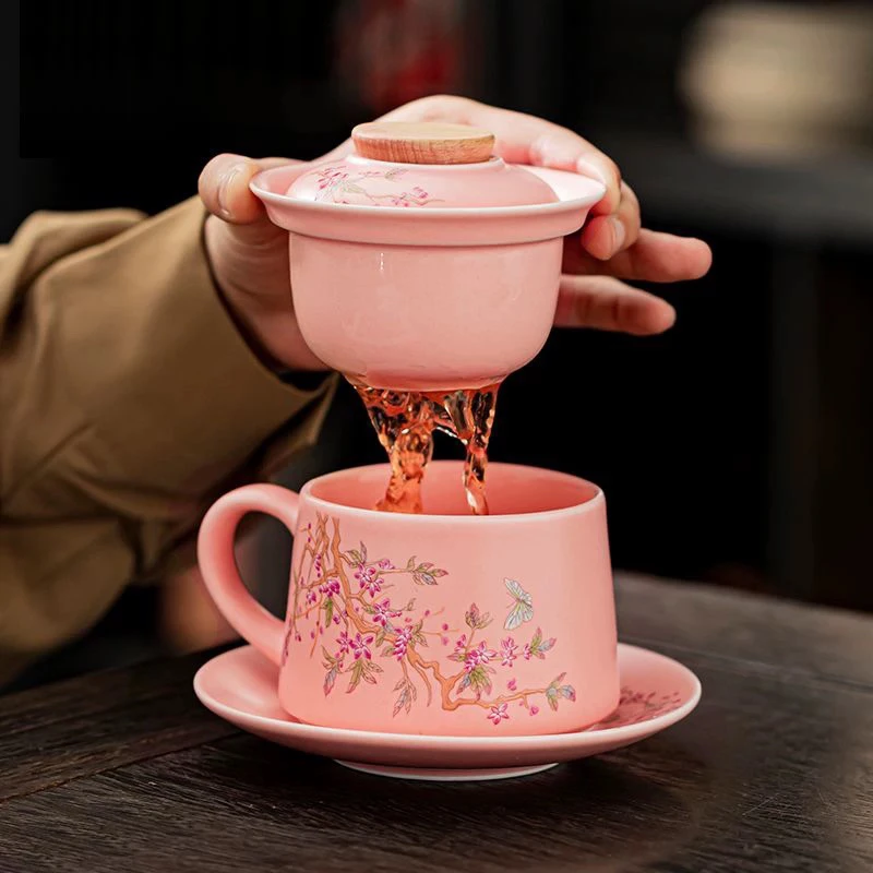 粉色女士情侣咖啡杯茶水分离小富婆专用主人杯高档家用网红茶器