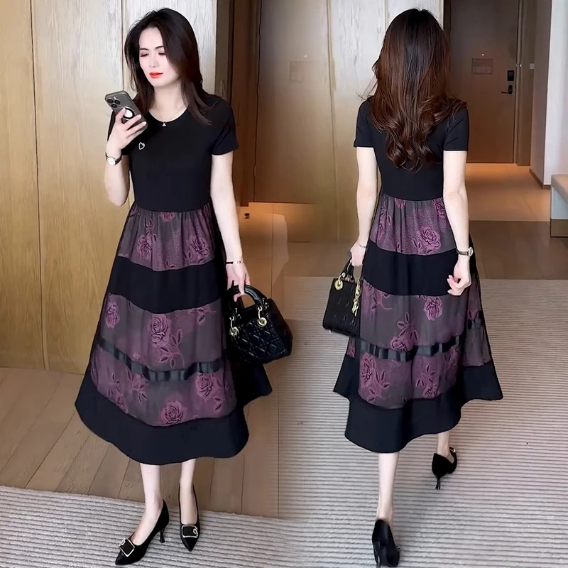 时尚大码连衣裙女2025夏季新款洋气显瘦拼接网纱宽松遮肚子中长裙