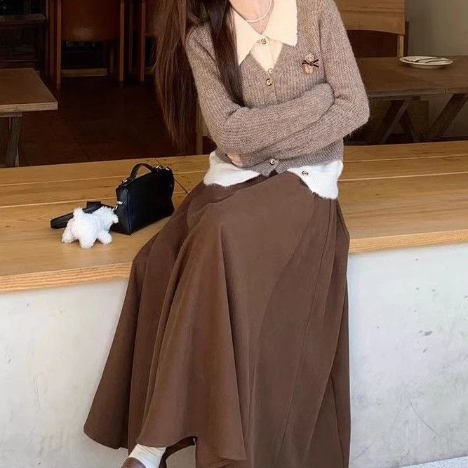 早秋复古法式时尚套装假两件针织毛衣开衫女高腰垂感半身裙套装夏