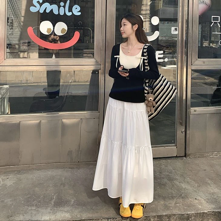 胖颖专属大码春季新款胖mm撞色假两件长袖上衣+半身裙套装3523