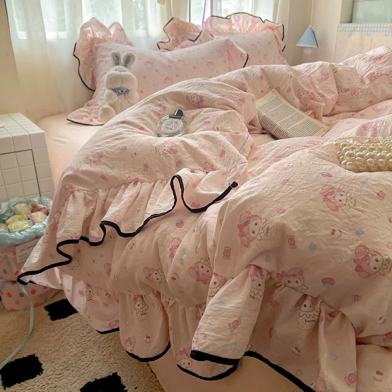 猫咪日记少女粉美乐蒂水洗棉四件套花边被套床单宿舍三件套法式