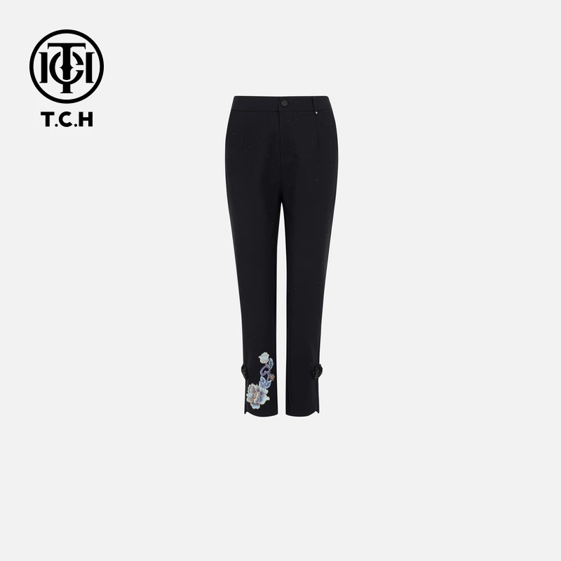 TCH轻奢烫钻工艺新中式黑色修身长裤小脚裤女T72B208002私服tch