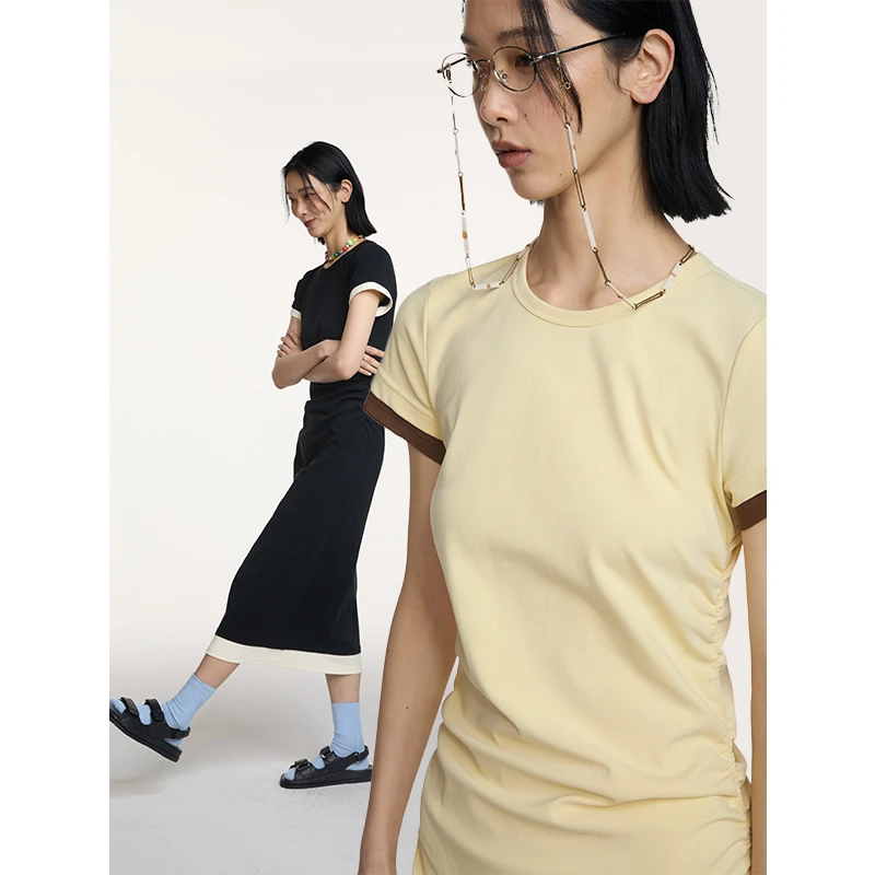 popchrio 假两件撞色短袖连衣裙中长款韩系显瘦黑色修身长裙女