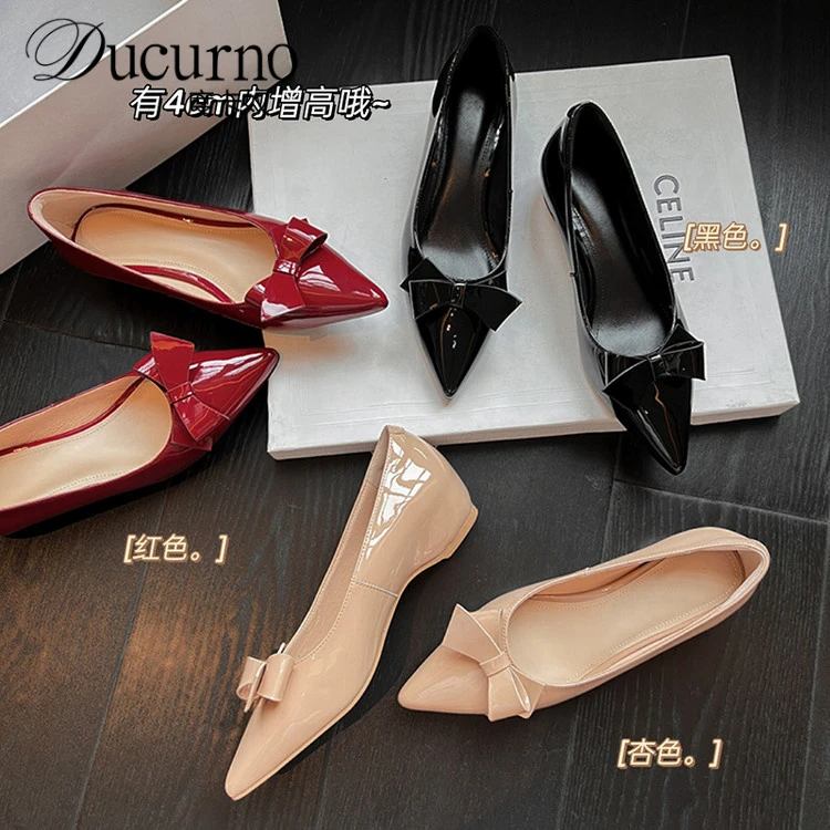 DUCURNO法式时尚漆皮浅口单鞋女2025新款内增高尖头蝴蝶结豆豆鞋