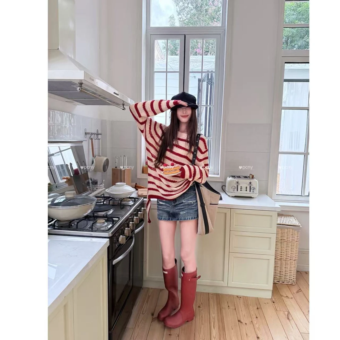 PCNY「红白逸境」不理理冬季新款小众女装宽松休闲条纹圆领针织上衣