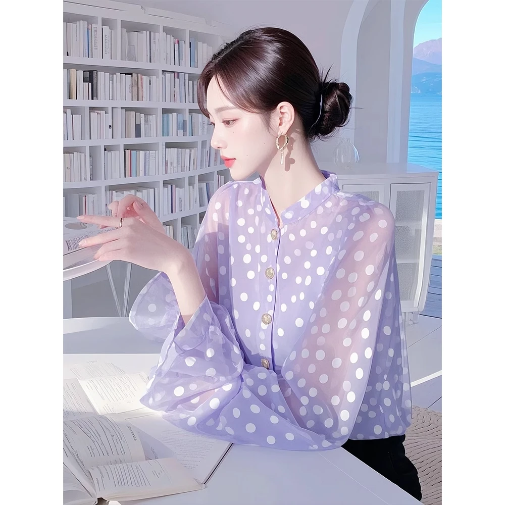 今年流行紫色波点雪纺衬衫女款2025春季减龄洋气衬衣法式高端上衣