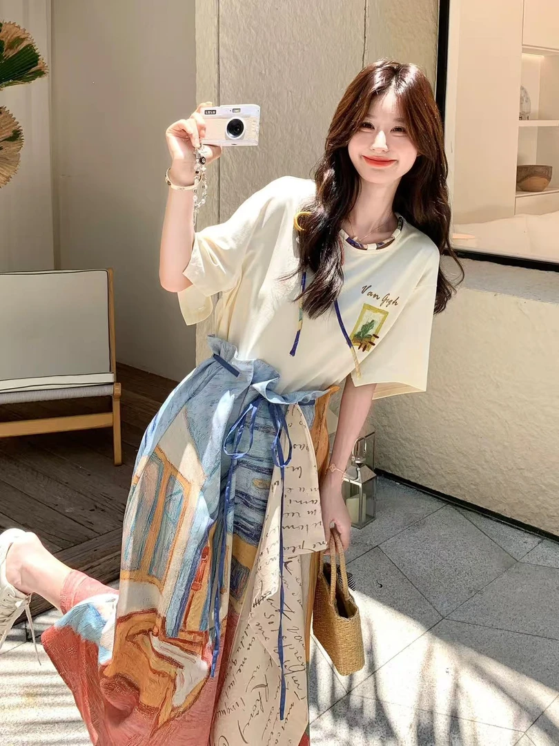 【曲奇COOKY专属】夏季新款米白色T恤涂鸦印花半身裙两件套