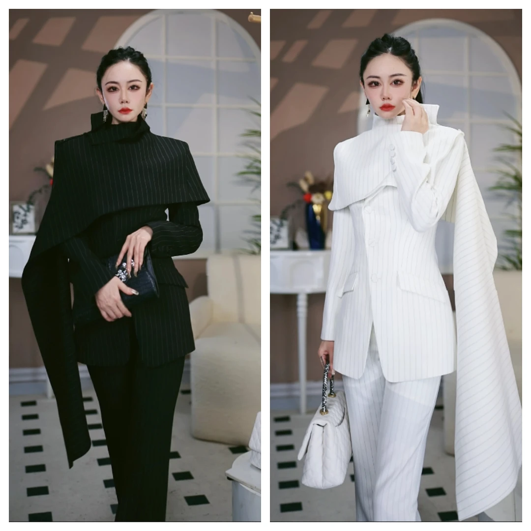 【Z.YE】高级感时尚精致百搭女装轻奢四季高领条纹西装套装1028