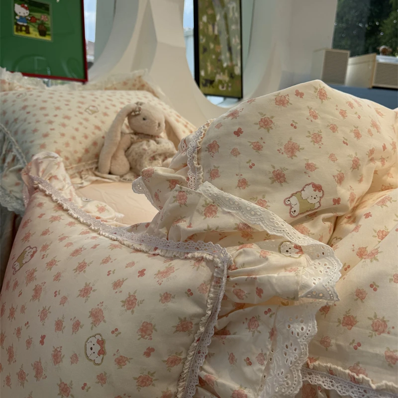 易安阁少女心法式花边纯棉碎花小狗狗床裙四件套纯棉1.5m1.8米