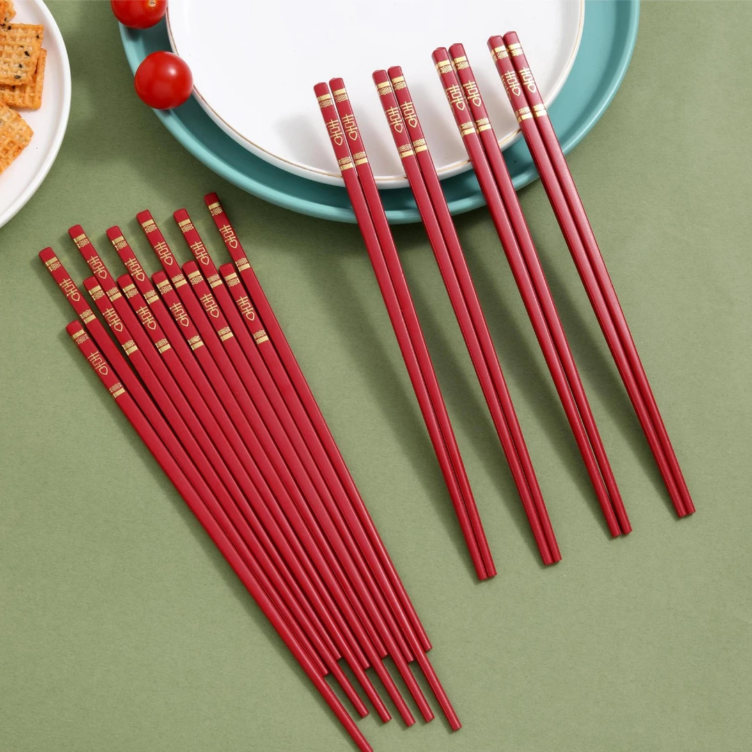 结婚喜红筷子餐具家用筷子吃宽心面吃饺子合金双喜筷子结婚用品