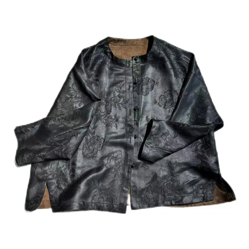 【非遗香云纱】2025新款香云纱重缎50姆米牡丹花萝休闲圆领上衣