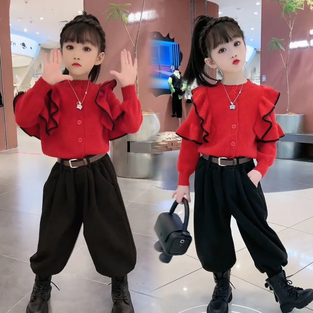 女童毛衣春秋2025春季新款大儿童针织衫时髦小香风木耳边毛线衣潮