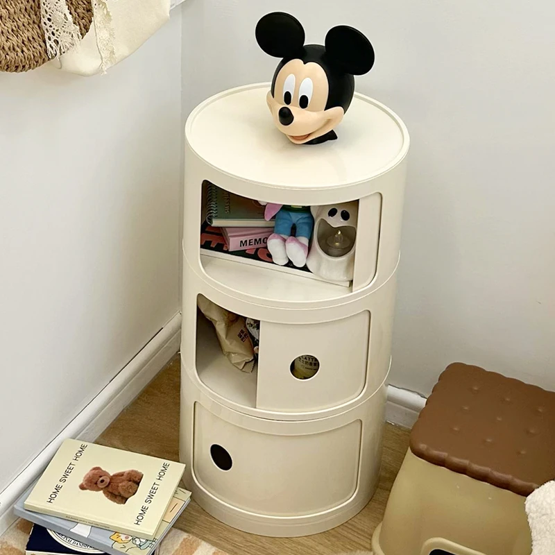9C奶油风创意圆形床头柜小型儿童简约现代边几卧室置物架迷你窄柜