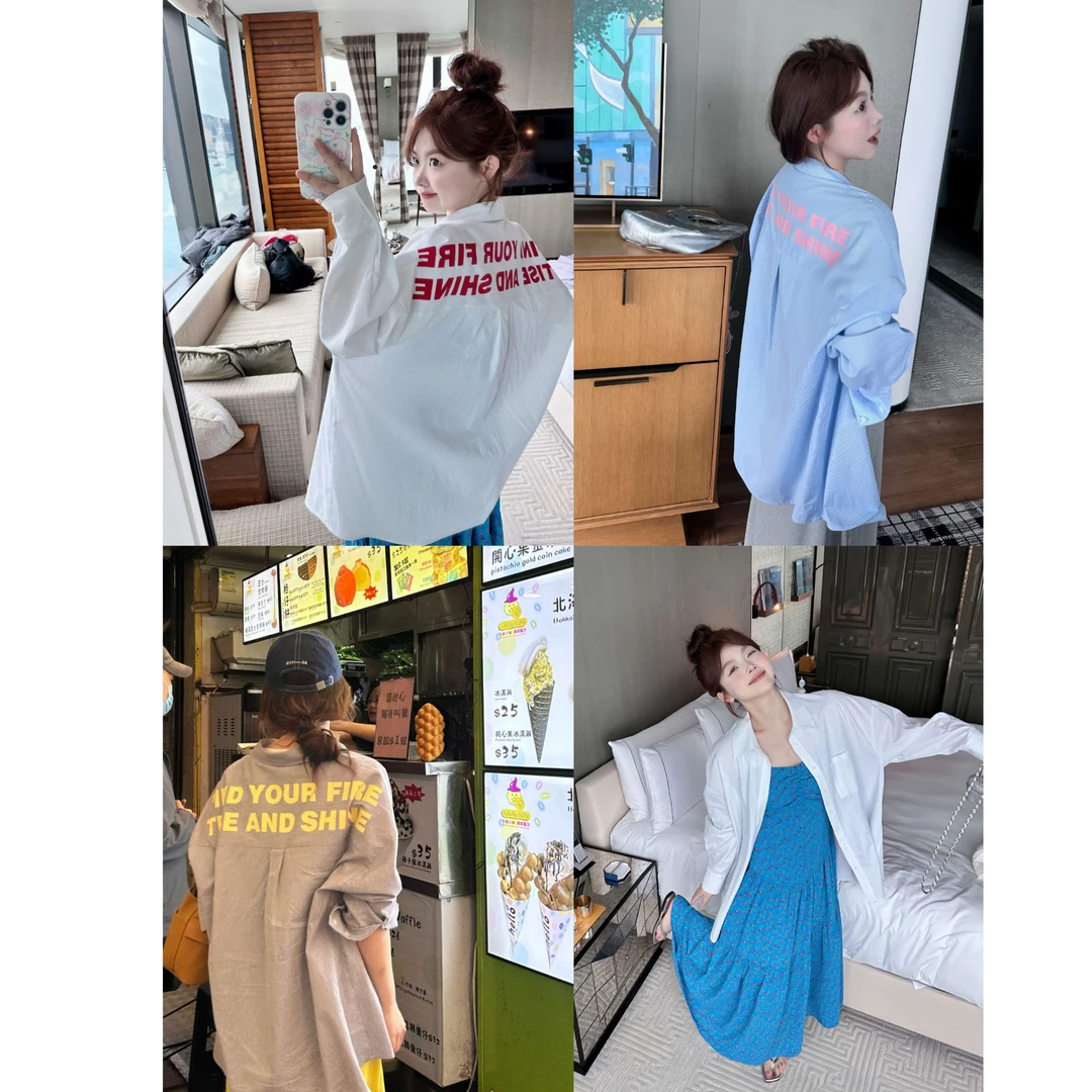 晶咕【随便搭！】欧若风后背字母印花polo领长袖竖条纹宽松衬