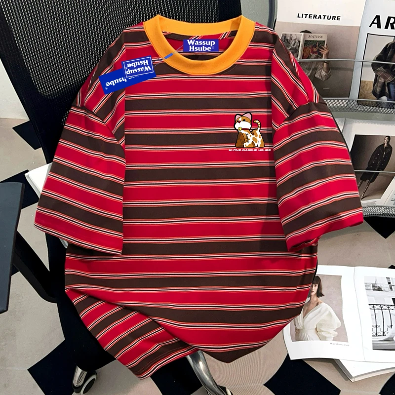 WASSUP HSUBE美式复古撞色条纹短袖T恤夏季男款青少年体恤vintage