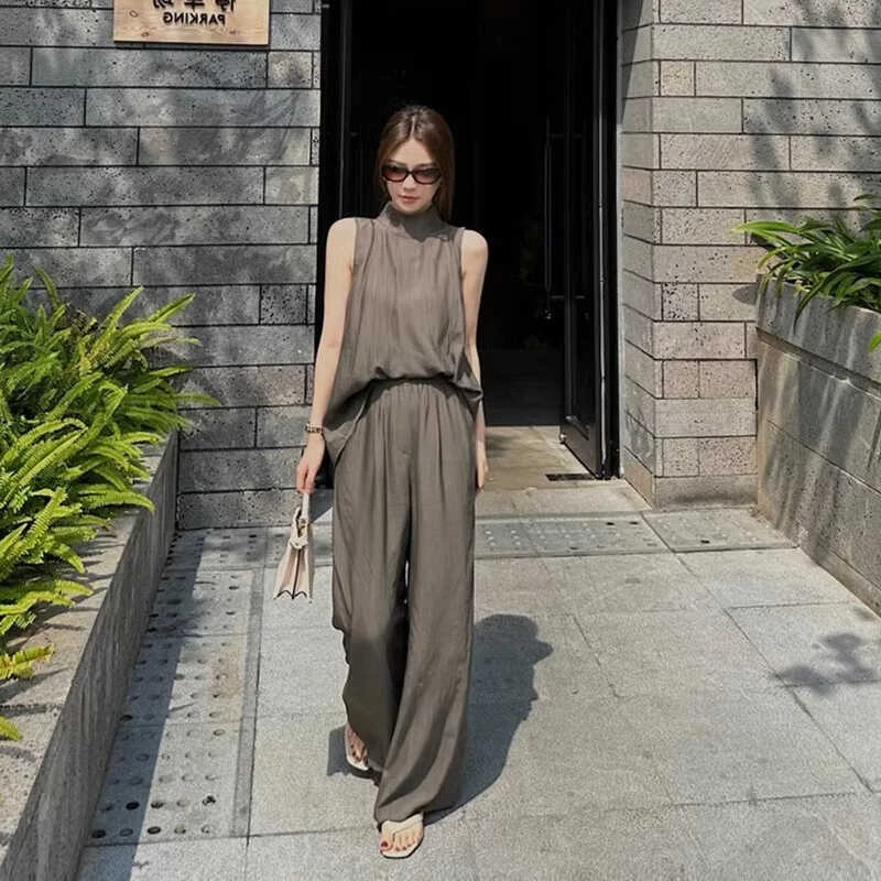 2025时尚薄款套装女慵懒宽松显瘦遮肉无袖衫上衣阔腿裤两件套