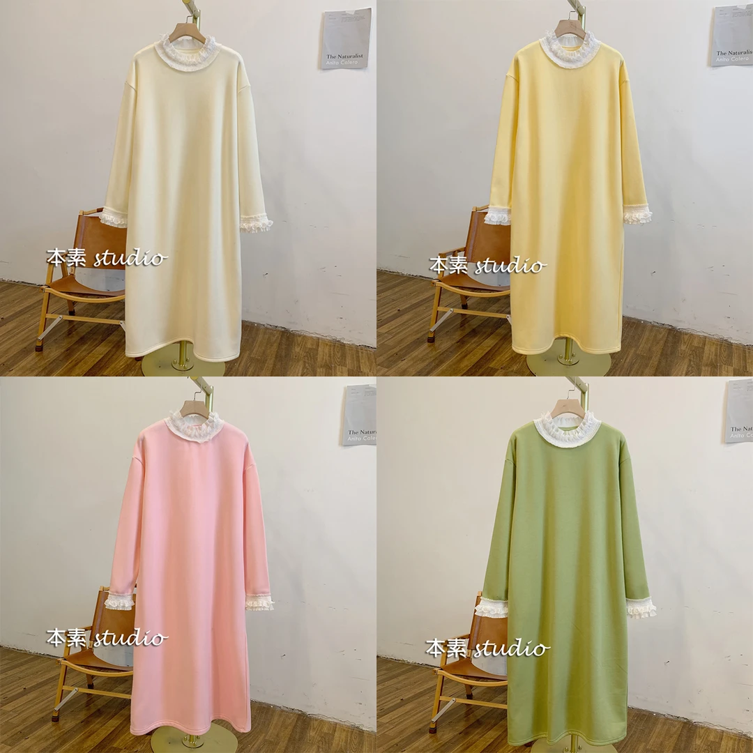 C3064加绒蕾丝荷叶边小立领连衣裙