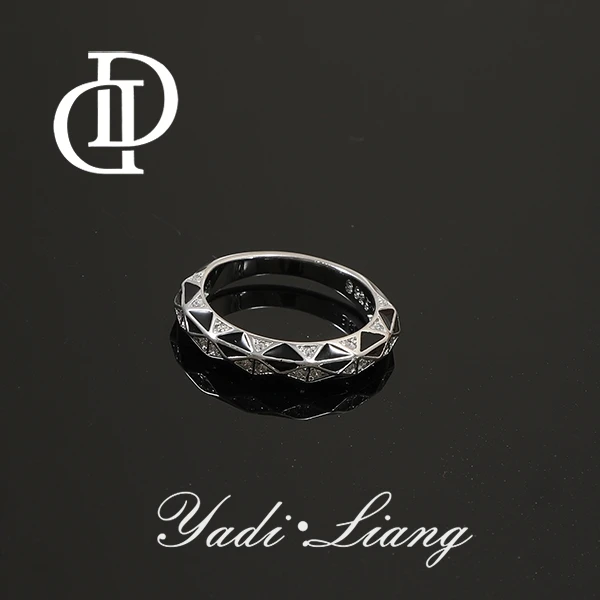 925银戒指 梁雅帝新品【液态黑】珐琅滴釉菱格纹百搭时尚纯银戒指