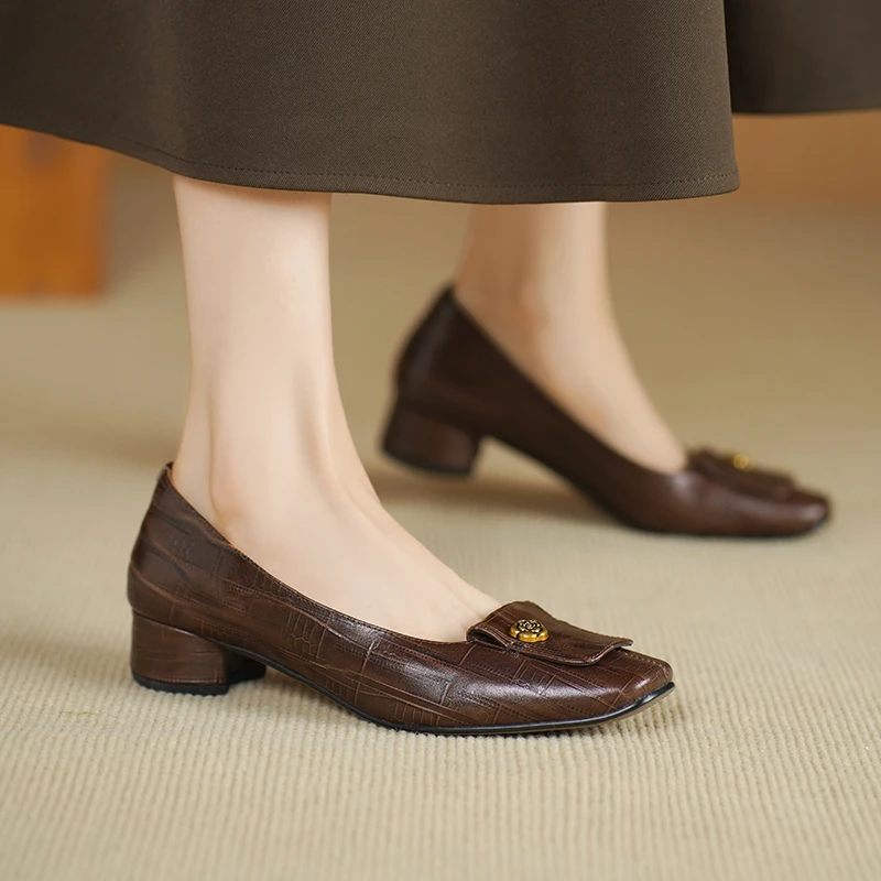 头层牛皮！棕色复古通勤小皮鞋女2025新款真皮方头粗跟浅口单鞋女