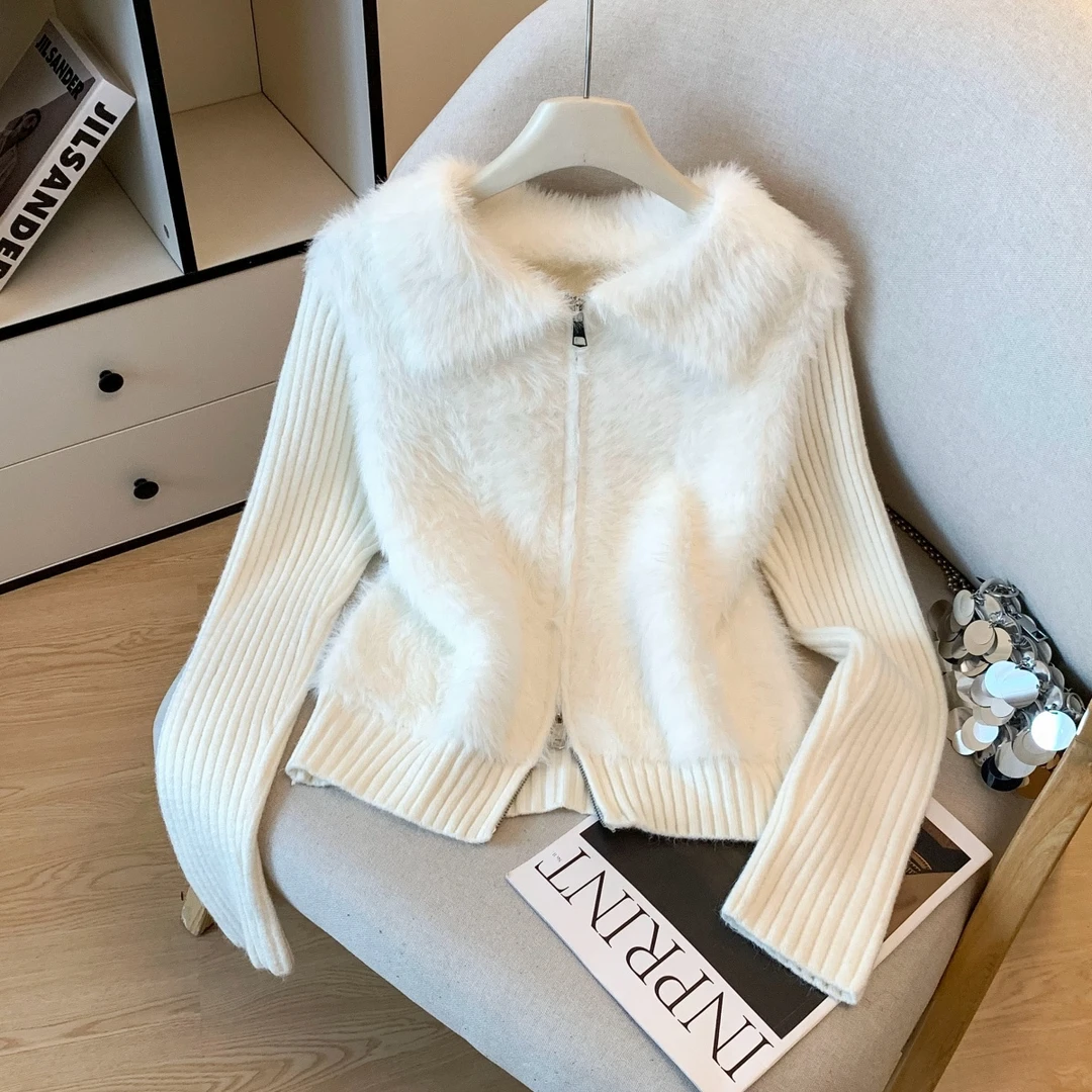 自留款推荐~毛绒绒翻领拉链针织开衫女冬季款高级感软糯舒适外套