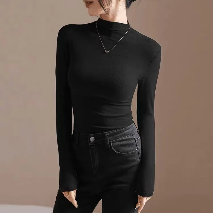 百搭显瘦长袖半高领T恤贴身打底上衣打底衫春秋纯色修身内搭女