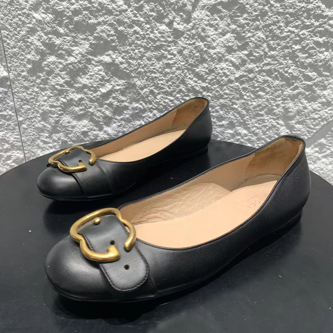 95新 GUCCI/古驰 36码/无配件/双G扣黑色圆头舒适平底单鞋 912