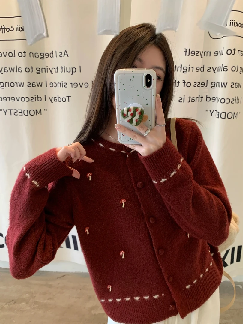 【新品首发】秋季圆领开衫女立体蘑菇针织衫慵懒风毛衣宽松清凉感